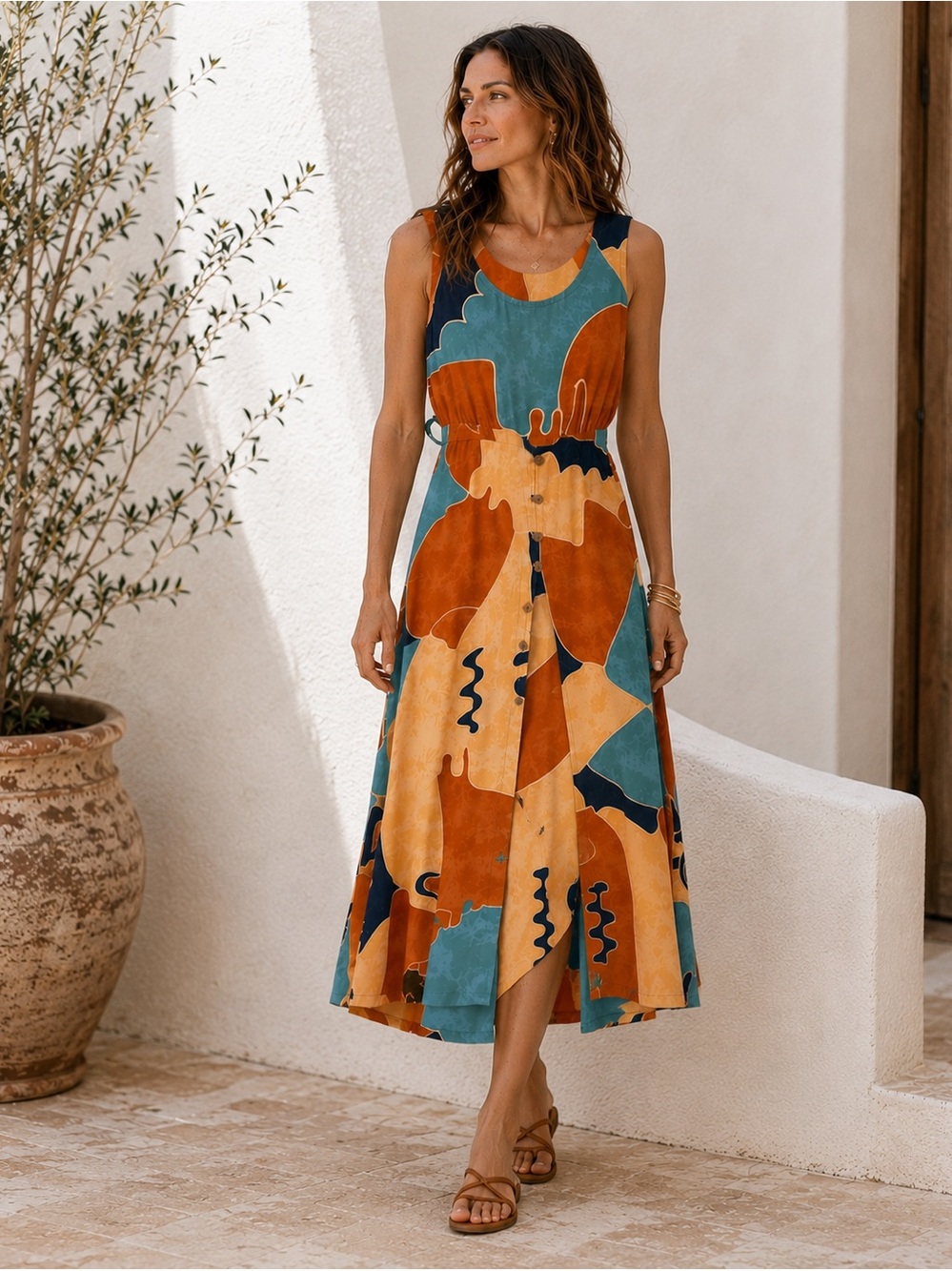 Abstract Print Layered Midi Dress | Back Tie | Artsy Boutique Style